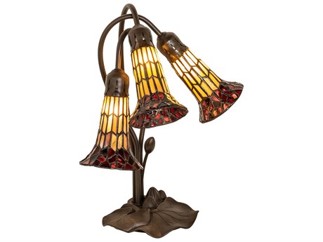 Meyda Stained Glass Pond Lily Mahogany Bronze Tiffany Table Lamp with Ruby Amber Shade