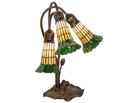 Meyda Stained Glass Pond Lily Mahogany Bronze Tiffany Table Lamp with Amber Green Shade