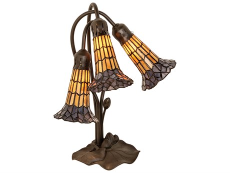 Meyda Stained Glass Pond Lily Mahogany Bronze Tiffany Table Lamp with Amber Violet Shade
