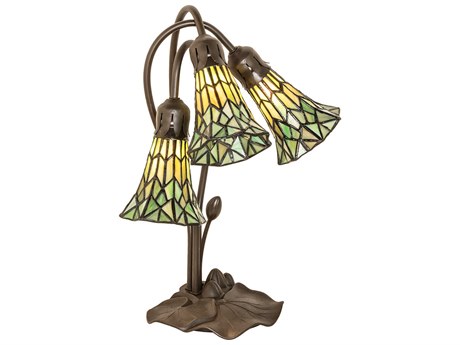 Meyda Stained Glass Pond Lily Mahogany Bronze Tiffany Table Lamp with Green Shade