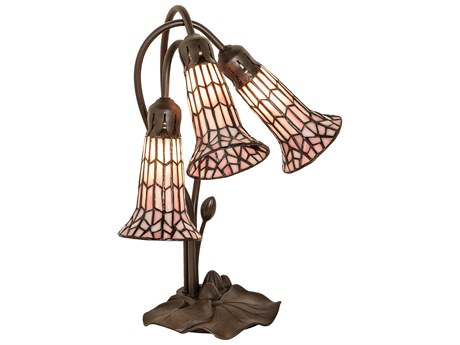 Meyda Stained Glass Pond Lily Mahogany Bronze Tiffany Table Lamp with Pink Shade