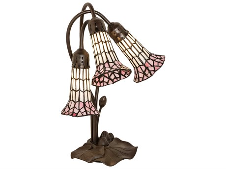 Meyda Stained Glass Pond Lily Mahogany Bronze Tiffany Table Lamp with Pink White Shade