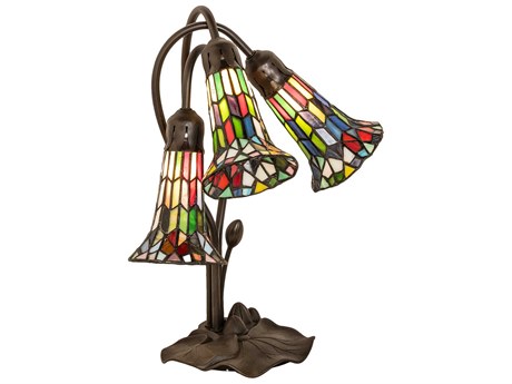 Meyda Stained Glass Pond Lily Mahogany Bronze Tiffany Table Lamp with Shade