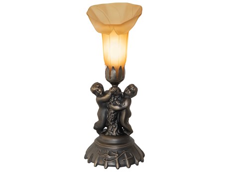 Meyda Pond Lily Antique Brass Amber Glass Bronze Table Lamp with Shade