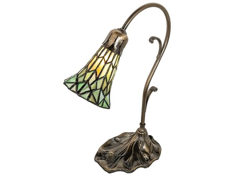 Meyda Pond Lily Antique Brass Glass Tiffany Table Lamp with Green Shade