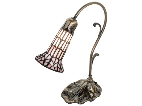 Meyda Pond Lily Antique Brass Tiffany Table Lamp with Amber Glass Pink Shade