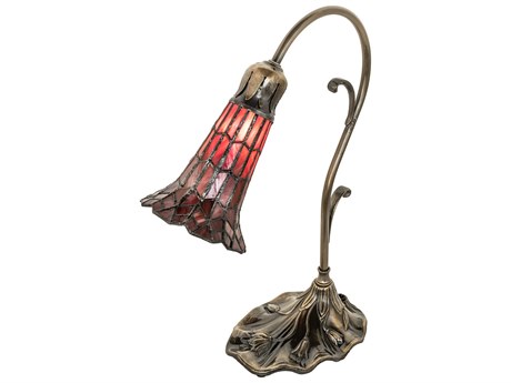 Meyda Pond Lily Antique Brass Glass Tiffany Table Lamp with Ruby Shade