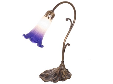 Meyda Pond Lily Antique Brass Glass Tiffany Table Lamp with Blue Shade