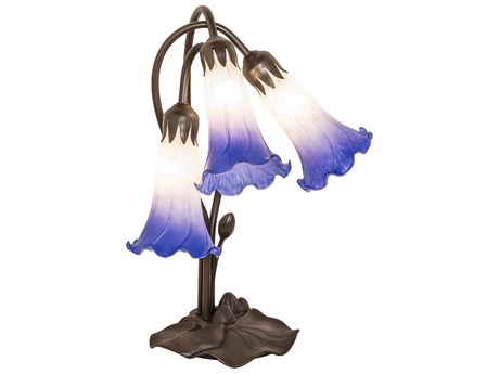Meyda Pond Lily Mahogany Bronze Tiffany Table Lamp with Blue White Glass Shade