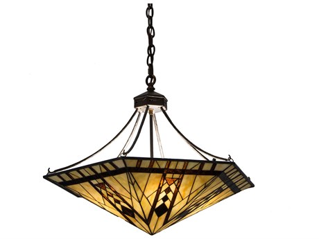Meyda 4 4-Light Antique Copper Brown Glass Tiffany Bowl Pendant