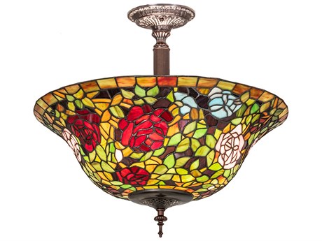 Meyda Mahogany Bronze Red Glass Tiffany Bowl Semi Flush Mount