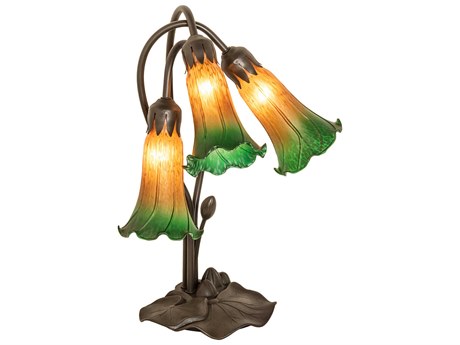 Meyda Pond Lily Mahogany Bronze Tiffany Table Lamp with Amber Green Glass Shade