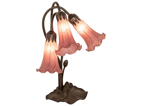 Meyda Pond Lily Mahogany Bronze Tiffany Table Lamp with Cranberry Violet Glass Shade