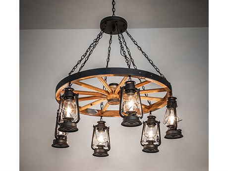 Meyda 6-Light Natural Wood Wrought Iron Glass Lantern Chandelier