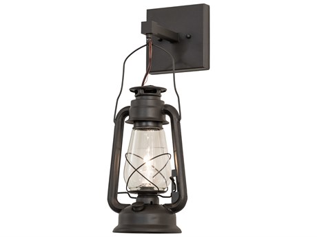 Meyda Miners Lantern 1-Light Wrought Iron Black Glass Wall Sconce