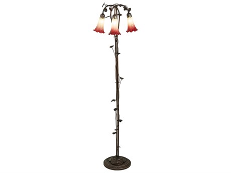 Meyda Pond Lily Mahogany Bronze Tiffany Floor Lamp with Seafoam Cranberry Glass Shade