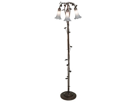 Meyda Pond Lily Mahogany Bronze Tiffany Floor Lamp with Grey Glass Shade