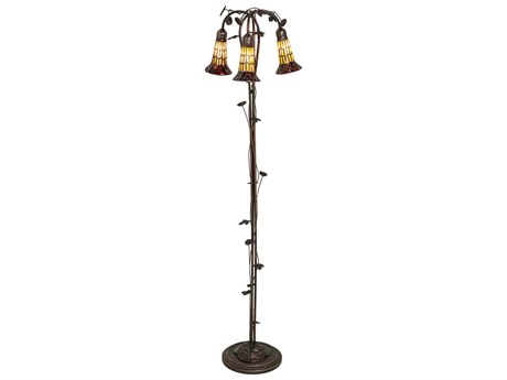 Meyda Stained Glass Pond Lily Mahogany Bronze Tiffany Floor Lamp with Ruby Amber Shade