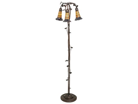Meyda Stained Glass Pond Lily Mahogany Bronze Tiffany Floor Lamp with Amber Violet Shade