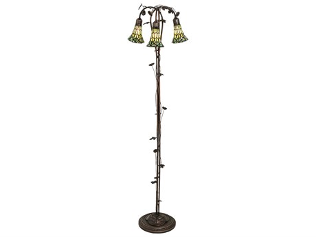Meyda Stained Glass Pond Lily Mahogany Bronze Tiffany Floor Lamp with Green Shade