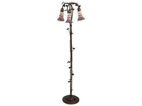 Meyda Stained Glass Pond Lily Mahogany Bronze Tiffany Floor Lamp with Pink Shade