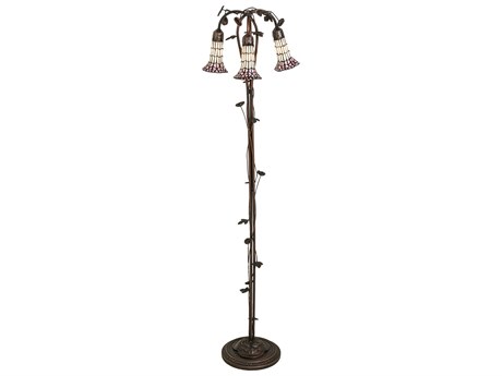 Meyda Stained Glass Pond Lily Mahogany Bronze Tiffany Floor Lamp with Pink White Shade