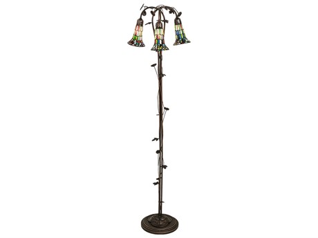 Meyda Stained Glass Pond Lily Mahogany Bronze Tiffany Floor Lamp with Shade