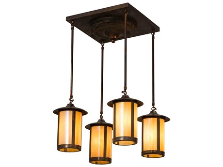 Meyda Fulton 4-Light Vintage Copper Yellow Glass Cylinder Lantern Pendant