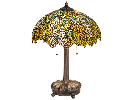 Meyda Tiffany Laburnum Mahogany Bronze Sunflower Green Blue Beige Glass Table Lamp