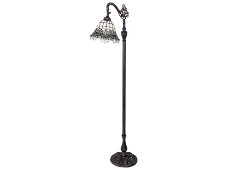 Meyda Angelica Mahogany Bronze Crystal Blue White Clear Iridescent Glass Tiffany Floor Lamp