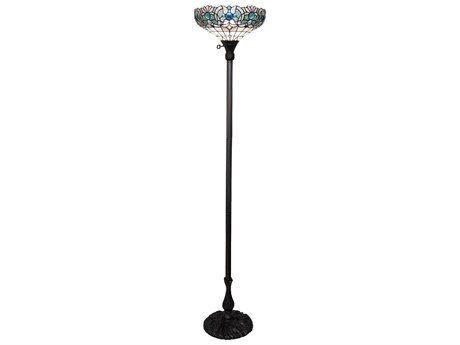 Meyda Angelica Mahogany Bronze Blue Clear Iridescent Glass Tiffany Floor Lamp
