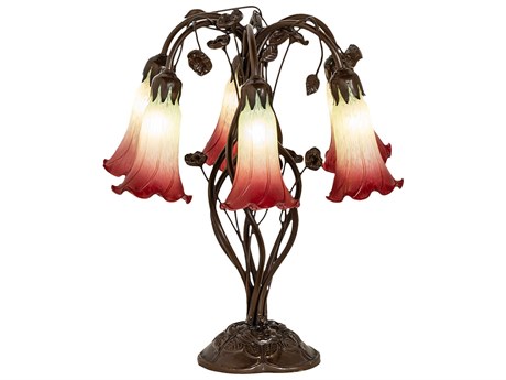 Meyda Pond Lily Mahogany Bronze Tiffany Table Lamp with Seafoam Cranberry Glass Shade
