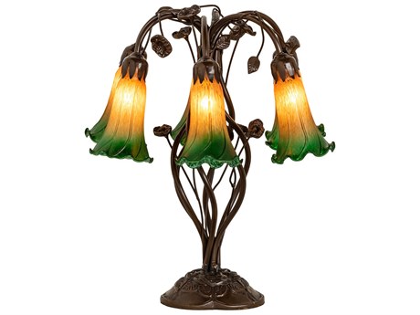 Meyda Pond Lily Mahogany Bronze Tiffany Table Lamp with Amber Green Glass Shade