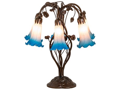 Meyda Pond Lily Mahogany Bronze Tiffany Table Lamp with Pink Blue Glass Shade