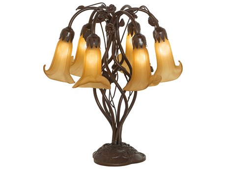 Meyda Pond Lily Mahogany Bronze Amber Glass Table Lamp with Shade