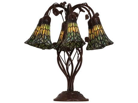 Meyda Stained Glass Pond Lily Mahogany Bronze Green Tiffany Table Lamp with Shade