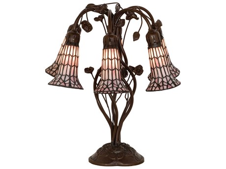 Meyda Stained Glass Pond Lily Mahogany Bronze Pink Tiffany Table Lamp with Shade