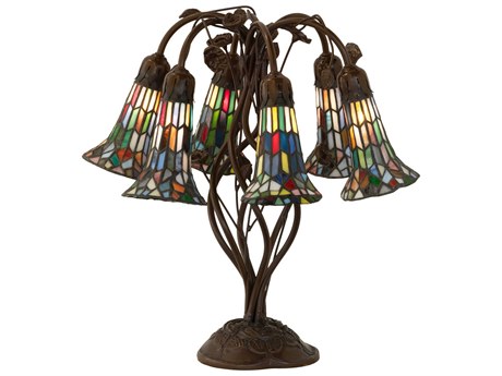 Meyda Stained Glass Pond Lily Mahogany Bronze Ruby Green Blue Beige Tiffany Table Lamp with Multi Color Shade
