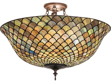 Meyda Tiffany Fishscale 3-Light Mahogany Bronze Glass Bowl Semi Flush Mount