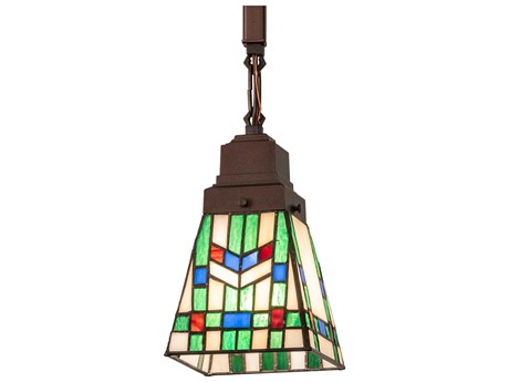 Meyda Prairie Wheat 1-Light Green Blue Beige Burgundy Bronze Glass Tiffany Bell Mini Pendant