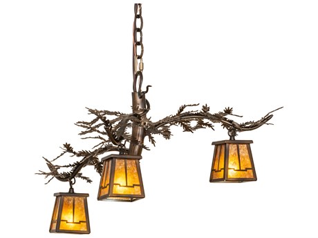 Meyda Pine Branch Valley View 3-Light Antique Copper Glass Lantern Chandelier