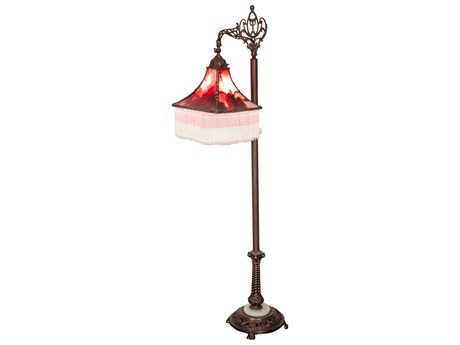 Meyda Victoria Bridge Arm Mahogany Bronze Burgundy Glass Tiffany Floor Lamp