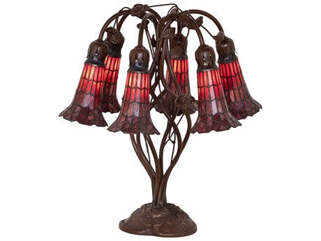 Meyda Stained Glass Pond Lily Mahogany Bronze Ruby Tiffany Table Lamp with Red Shade