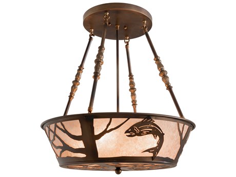 Meyda Leaping Trout 4-Light Antique Copper Burnished Glass Bowl Semi Flush Mount