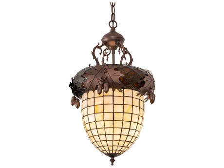 Meyda Oak Leaf & Acorn 3-Light Mahogany Bronze Brown Glass Tiffany Pendant