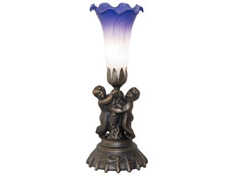 Meyda Pond Lily Antique Brass Blue Glass Table Lamp with White Shade