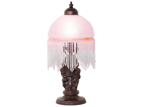 Meyda Roussillon Cherub Mahogany Bronze Pink Glass Table Lamp with Shade