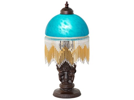 Meyda Roussillon Cherub Mahogany Bronze Teal Glass Table Lamp with Shade