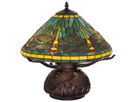 Meyda Tiffany Dragonfly Mahogany Bronze Ruby Coral Sunflower Green Glass Table Lamp with Shade