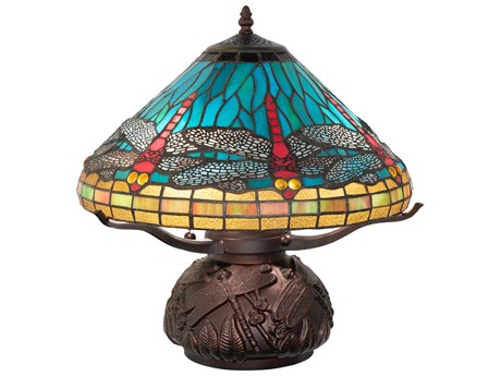 Meyda Tiffany Dragonfly Mahogany Bronze Ruby Sunflower Green Glass Table Lamp with Shade